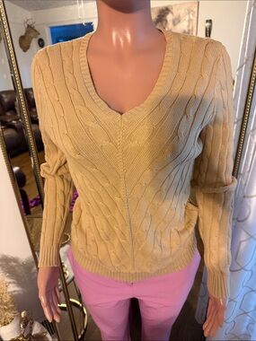 Tommy Hilfiger Beige Cable Knit V-Neck Sweater